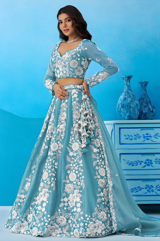 Wonderful Sky Blue Organza Floral Embroidered Lehenga Choli with Dupatta for Women