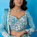 Wonderful Sky Blue Organza Floral Embroidered Lehenga Choli with Dupatta for Women
