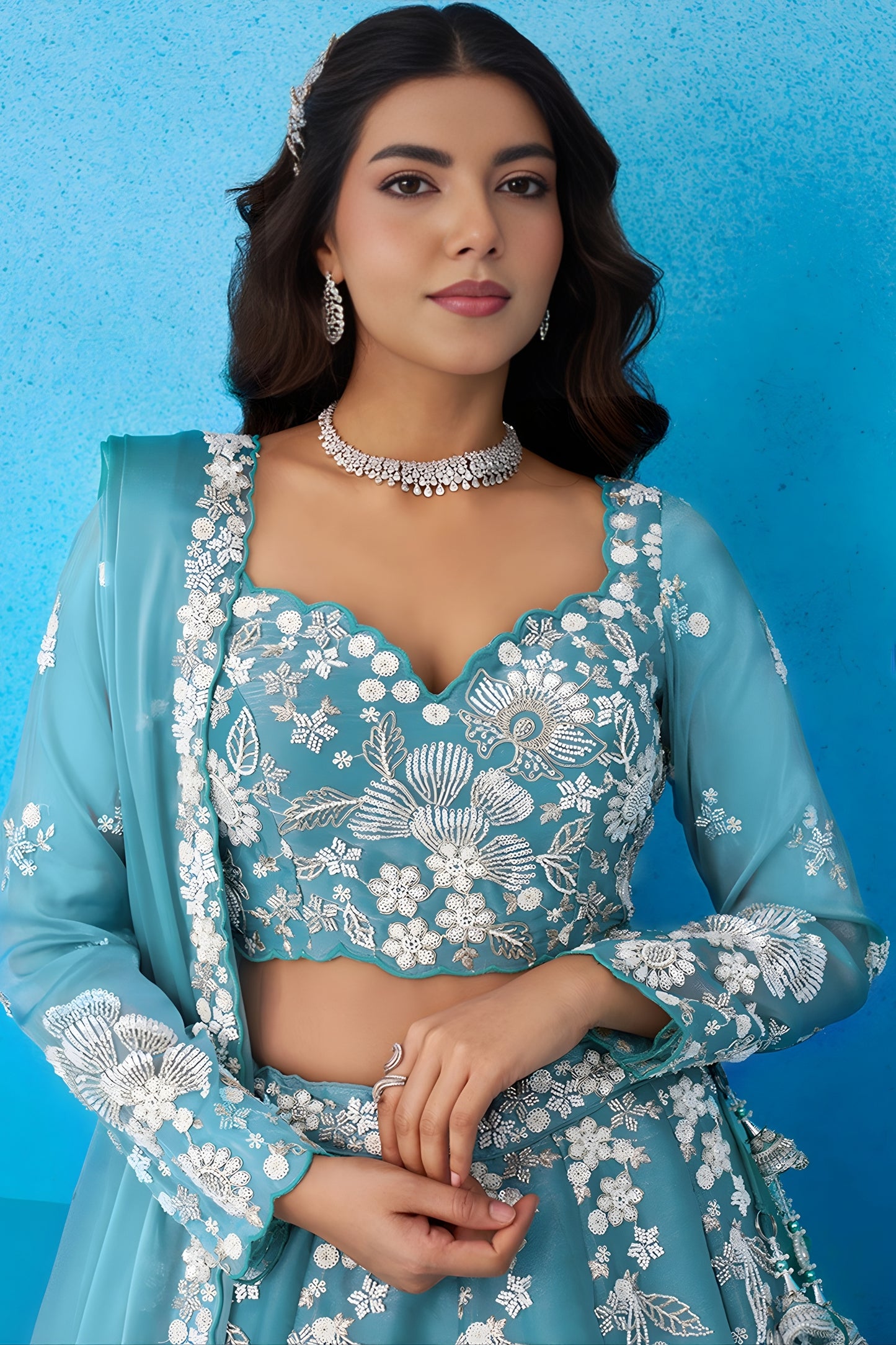 Wonderful Sky Blue Organza Floral Embroidered Lehenga Choli with Dupatta for Women