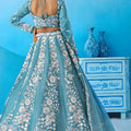 Wonderful Sky Blue Organza Floral Embroidered Lehenga Choli with Dupatta for Women