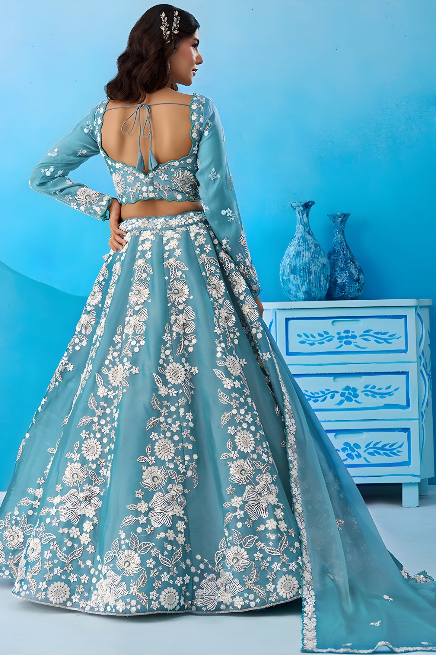 Wonderful Sky Blue Organza Floral Embroidered Lehenga Choli with Dupatta for Women