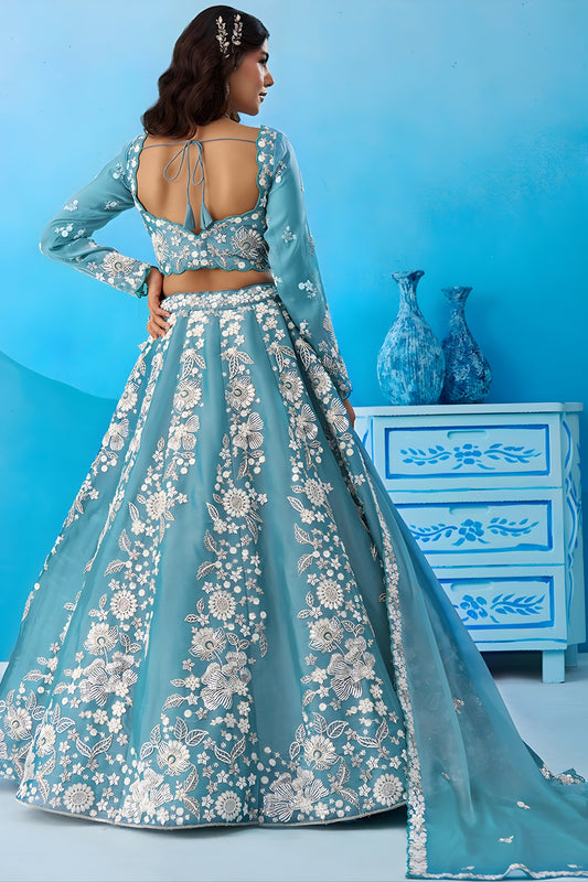 Wonderful Sky Blue Organza Floral Embroidered Lehenga Choli with Dupatta for Women