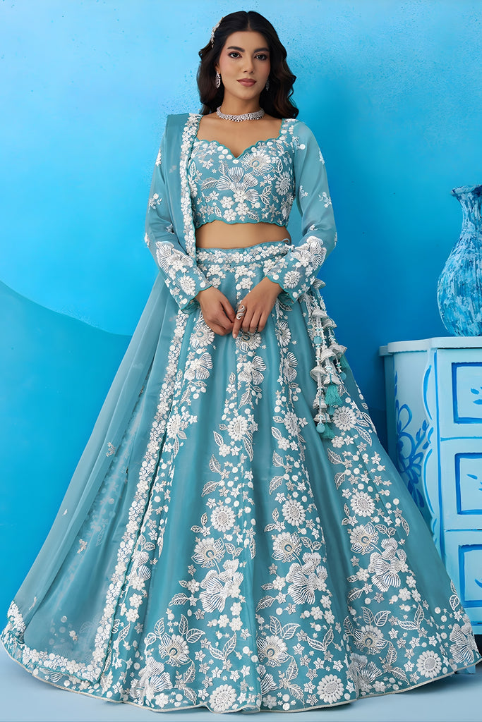 Wonderful Sky Blue Organza Floral Embroidered Lehenga Choli with Dupatta for Women
