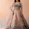 Traditional Peach Net Embroidered Wedding Lehenga Choli with Dupatta for Women