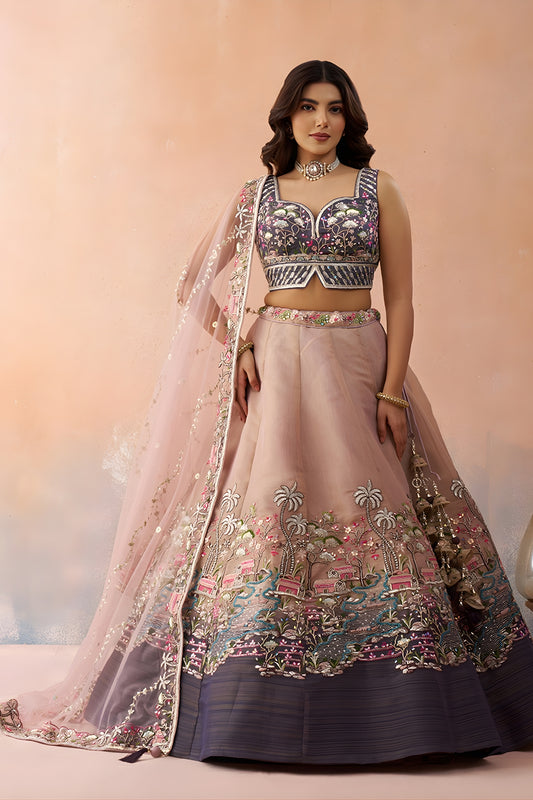 Traditional Peach Net Embroidered Wedding Lehenga Choli with Dupatta for Women
