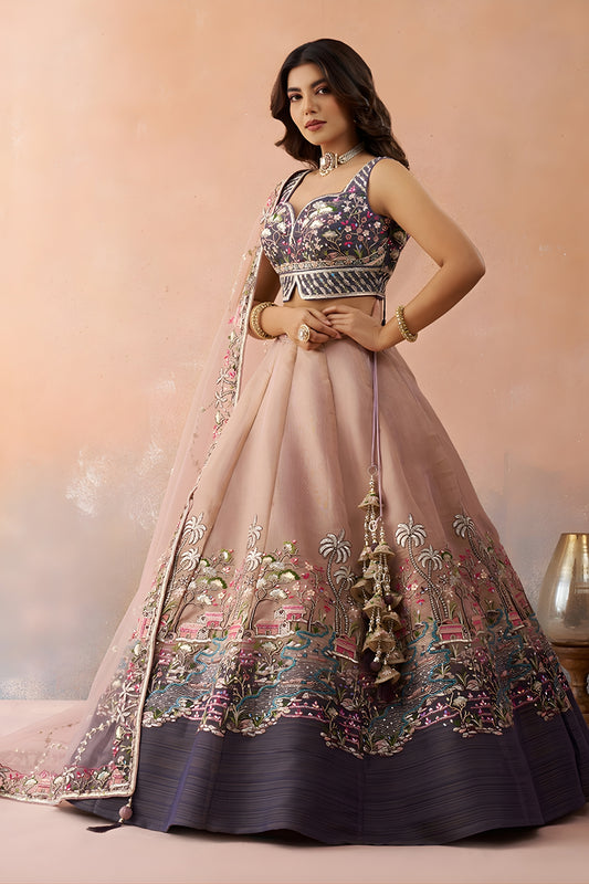 Traditional Peach Net Embroidered Wedding Lehenga Choli with Dupatta for Women