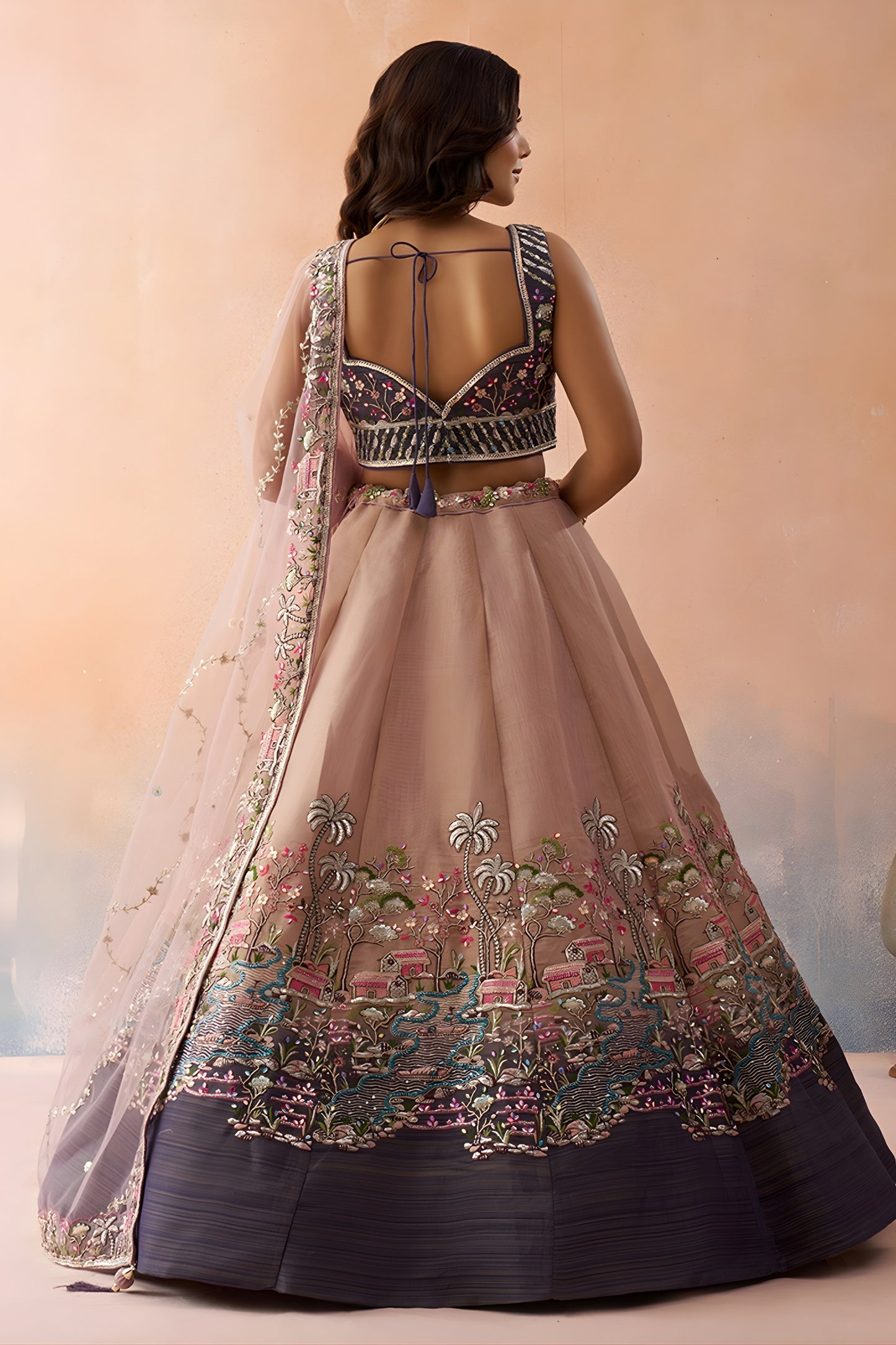 Traditional Peach Net Embroidered Wedding Lehenga Choli with Dupatta for Women