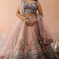 Traditional Peach Net Embroidered Wedding Lehenga Choli with Dupatta for Women