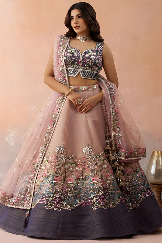 Traditional Peach Net Embroidered Wedding Lehenga Choli with Dupatta for Women