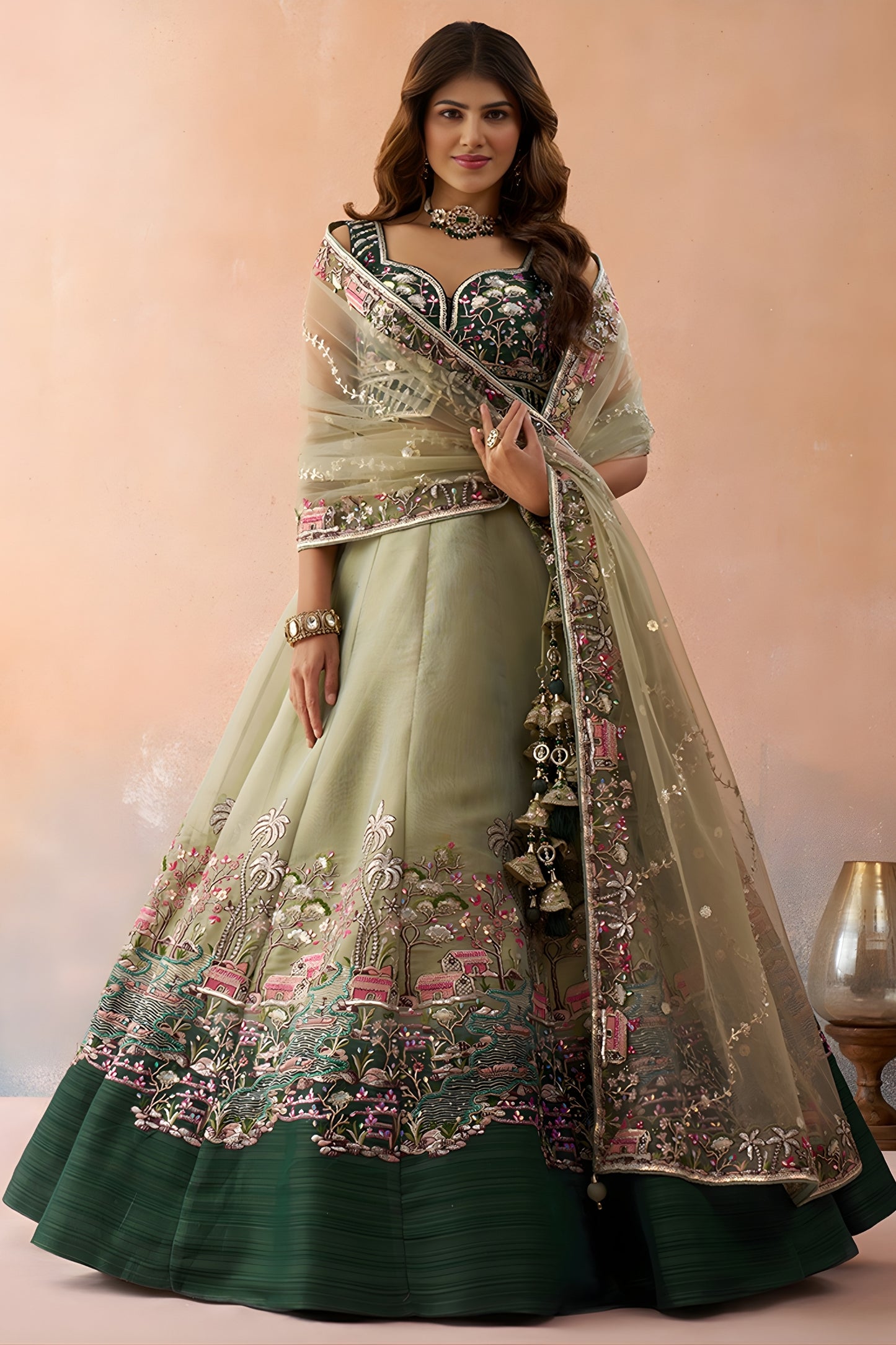 Refreshing Pista Green Net Embroidered Wedding Lehenga Choli with Dupatta for Women