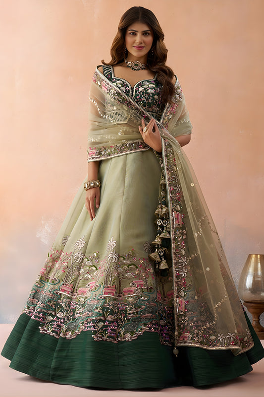 Refreshing Pista Green Net Embroidered Wedding Lehenga Choli with Dupatta for Women