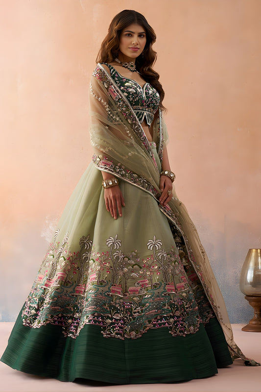 Refreshing Pista Green Net Embroidered Wedding Lehenga Choli with Dupatta for Women
