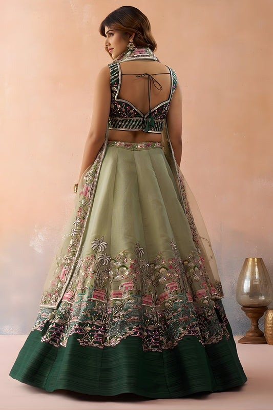 Refreshing Pista Green Net Embroidered Wedding Lehenga Choli with Dupatta for Women