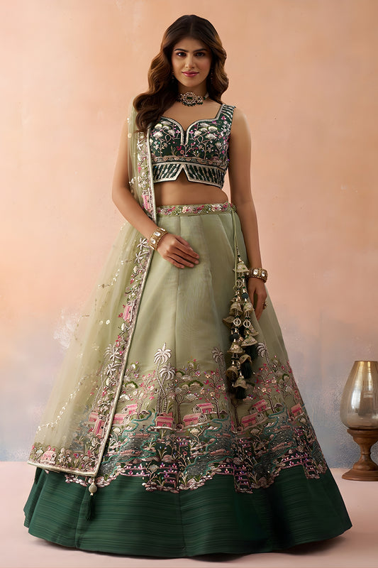 Refreshing Pista Green Net Embroidered Wedding Lehenga Choli with Dupatta for Women