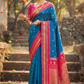 Royal Blue Pink Kanjivaram Silk Saree with Zari Border Traditional Saree