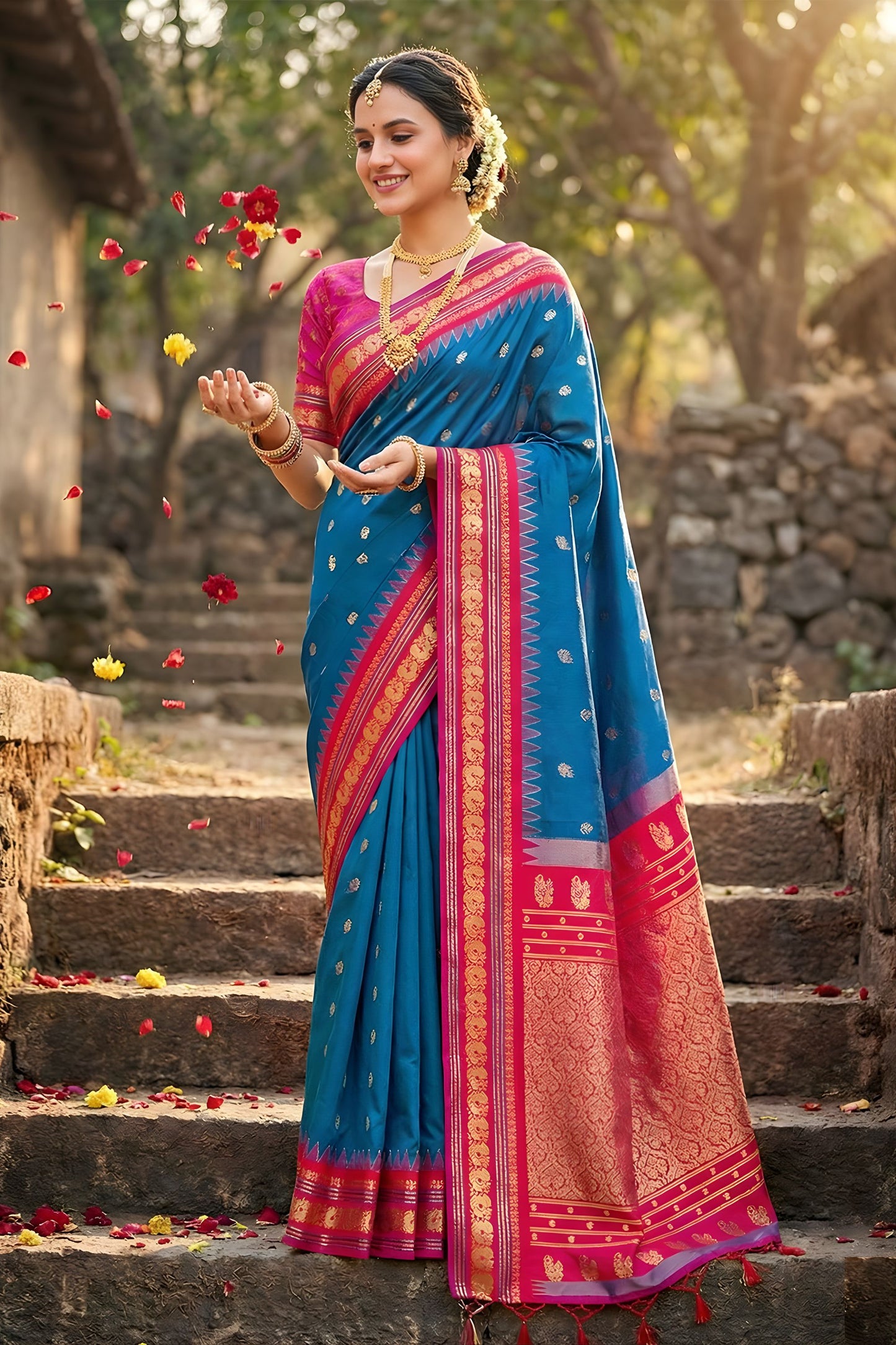 Royal Blue Pink Kanjivaram Silk Saree with Zari Border Traditional Saree