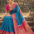Royal Blue Pink Kanjivaram Silk Saree with Zari Border Traditional Saree