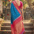 Royal Blue Pink Kanjivaram Silk Saree with Zari Border Traditional Saree