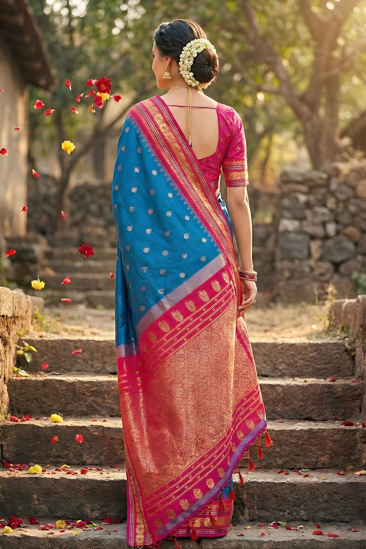Royal Blue Pink Kanjivaram Silk Saree with Zari Border Traditional Saree