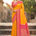 Mustard Yellow Pink Kanjivaram Silk Saree Zari Border Traditional Saree