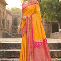 Mustard Yellow Pink Kanjivaram Silk Saree Zari Border Traditional Saree