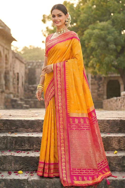 Mustard Yellow Pink Kanjivaram Silk Saree Zari Border Traditional Saree