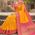 Mustard Yellow Pink Kanjivaram Silk Saree Zari Border Traditional Saree