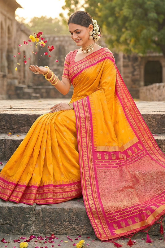 Mustard Yellow Pink Kanjivaram Silk Saree Zari Border Traditional Saree