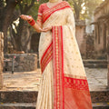 Cream Red Kanjivaram Silk Saree Zari Border Traditional Saree