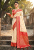 Cream Red Kanjivaram Silk Saree Zari Border Traditional Saree