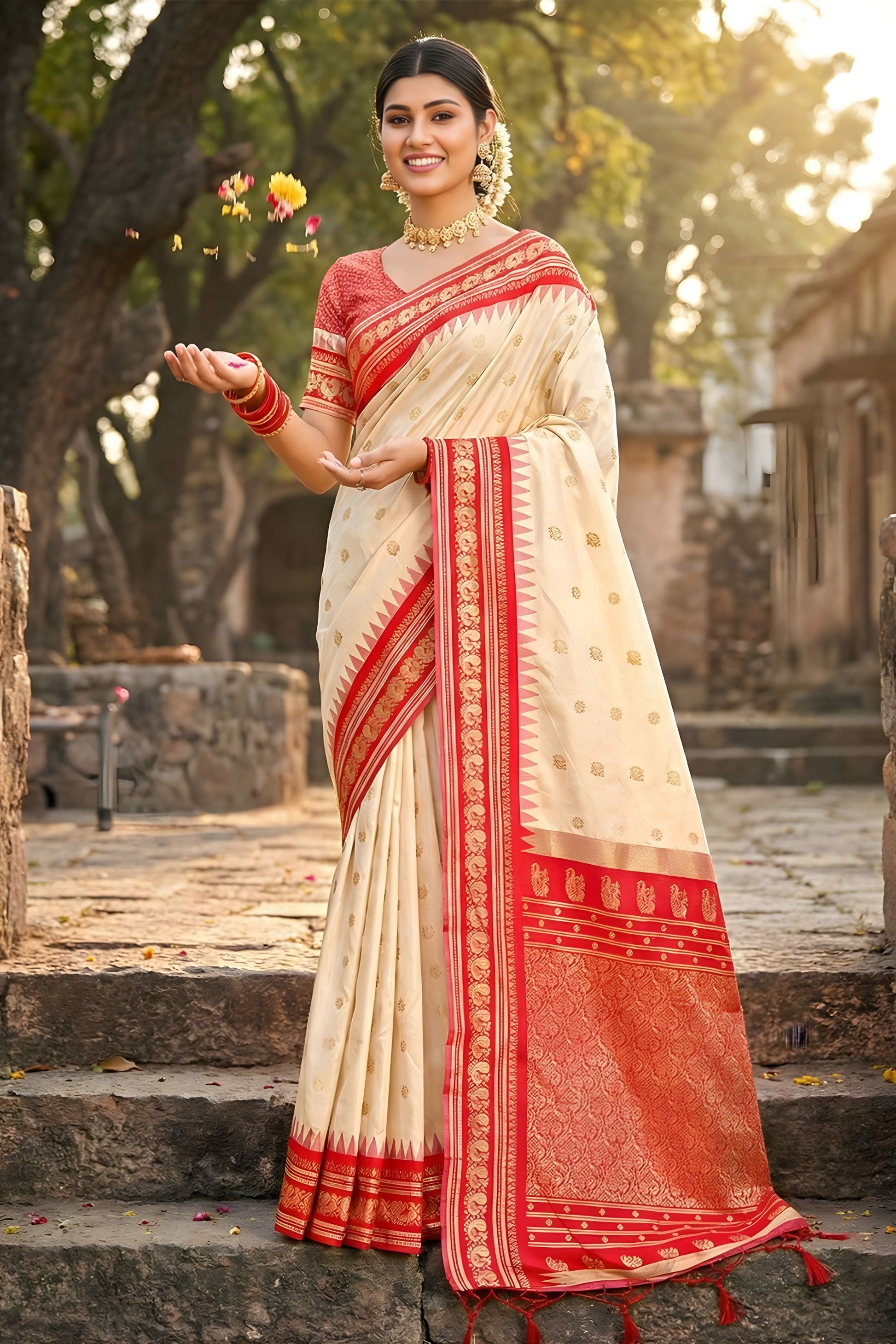 Cream Red Kanjivaram Silk Saree Zari Border Traditional Saree