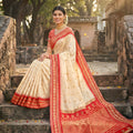 Cream Red Kanjivaram Silk Saree Zari Border Traditional Saree
