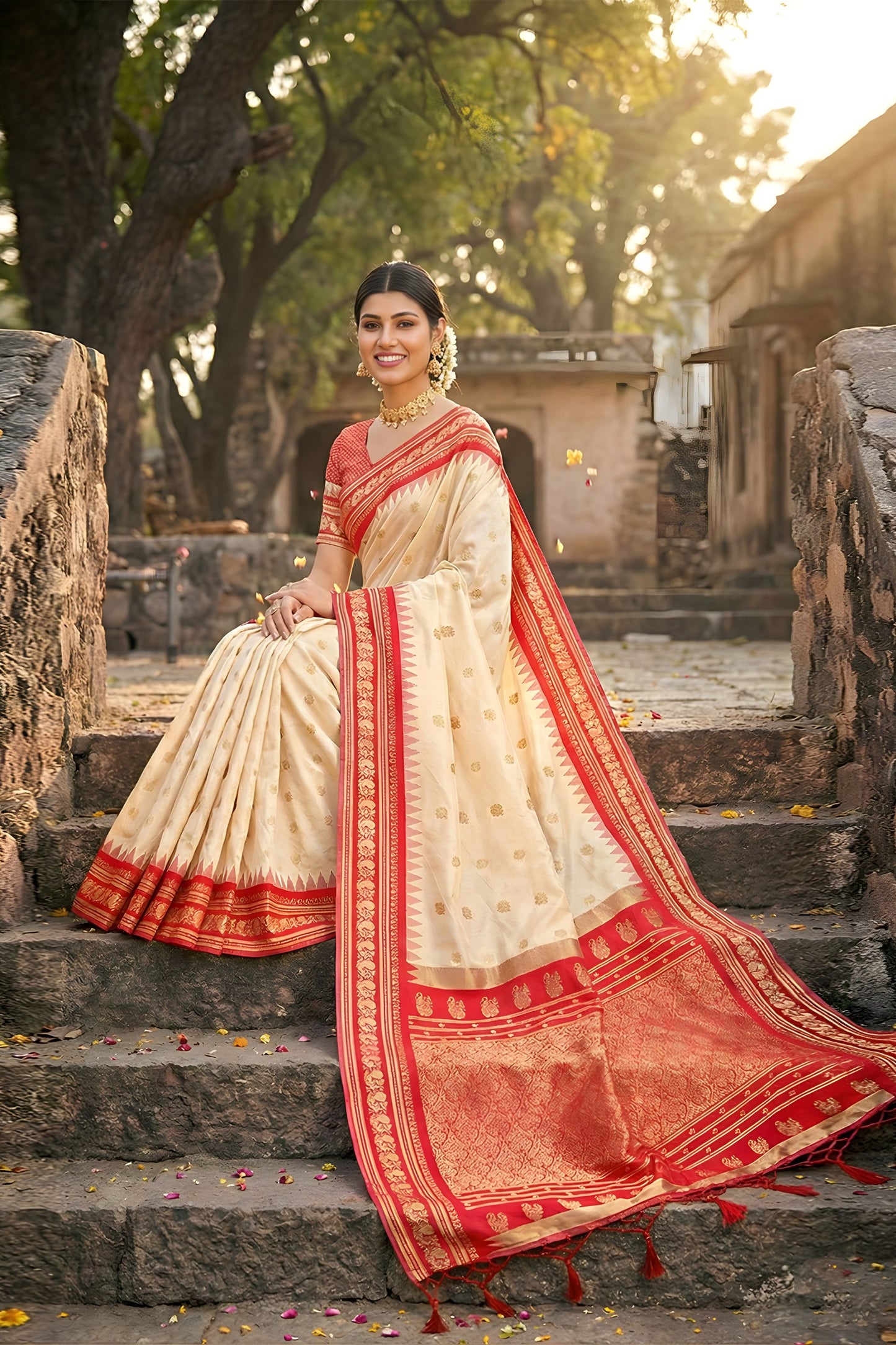 Cream Red Kanjivaram Silk Saree Zari Border Traditional Saree