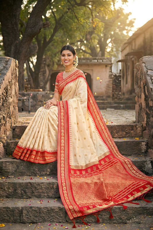 Cream Red Kanjivaram Silk Saree Zari Border Traditional Saree