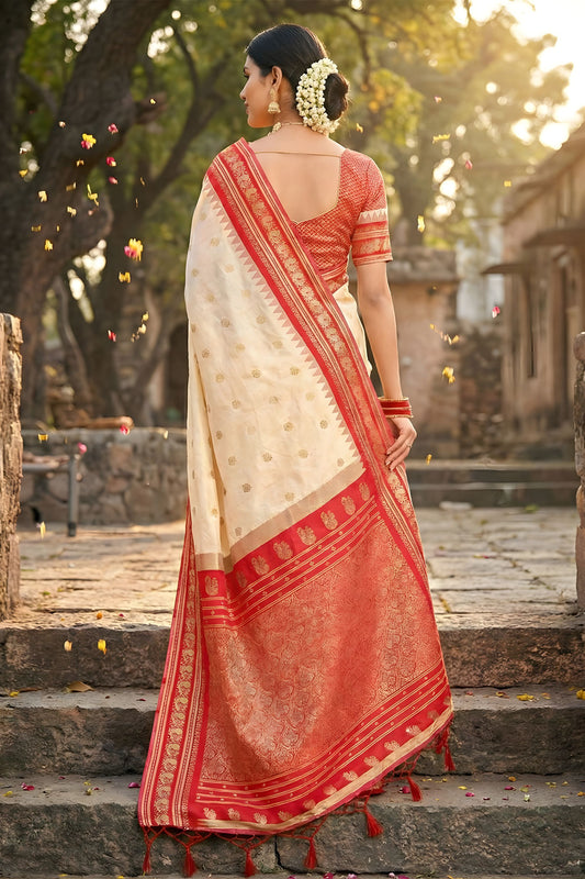 Cream Red Kanjivaram Silk Saree Zari Border Traditional Saree