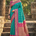 Teal Green Pink Kanjivaram Silk Saree Zari Border Traditional Saree