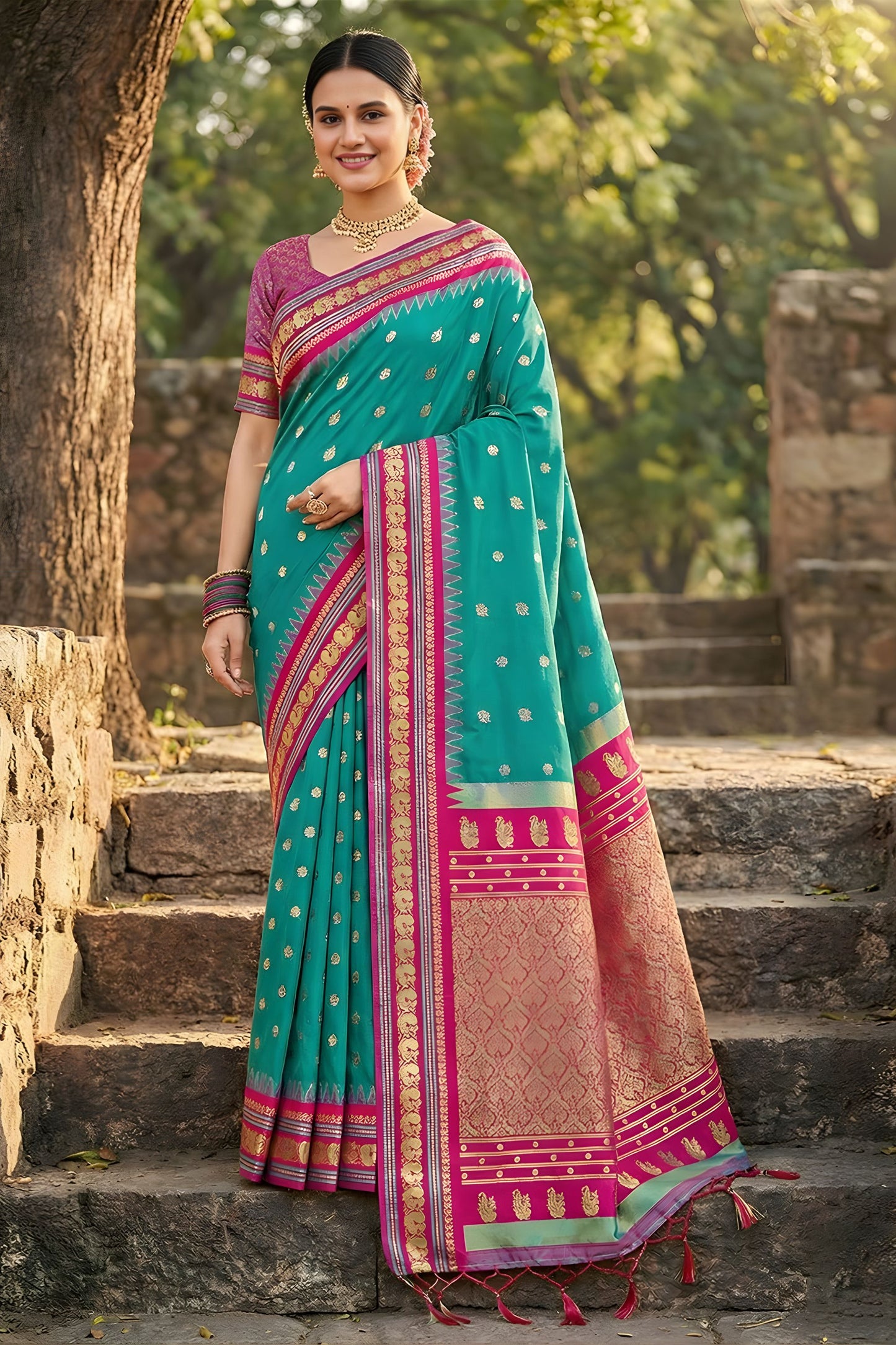 Teal Green Pink Kanjivaram Silk Saree Zari Border Traditional Saree