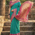 Teal Green Pink Kanjivaram Silk Saree Zari Border Traditional Saree