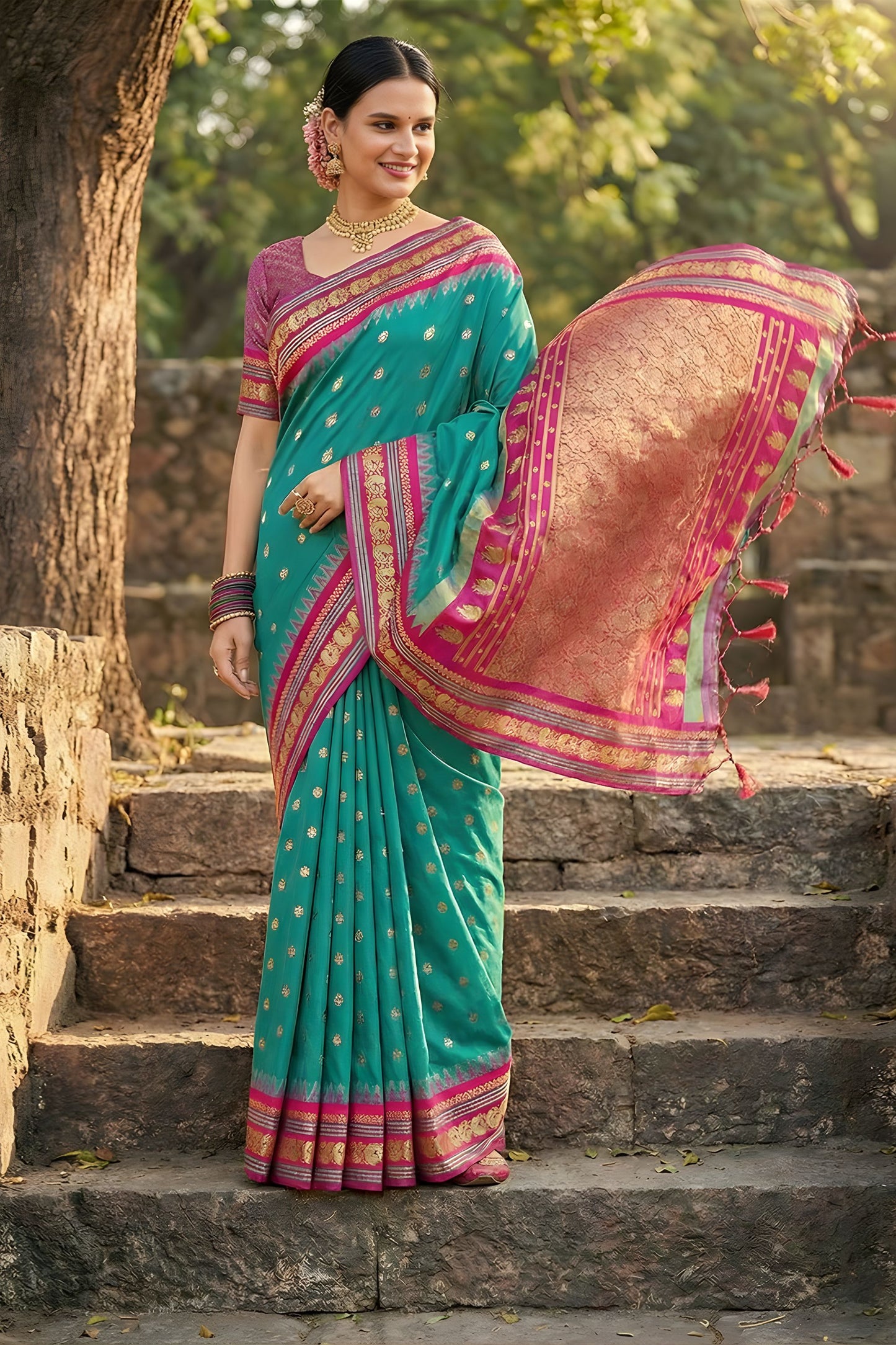 Teal Green Pink Kanjivaram Silk Saree Zari Border Traditional Saree
