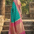 Teal Green Pink Kanjivaram Silk Saree Zari Border Traditional Saree