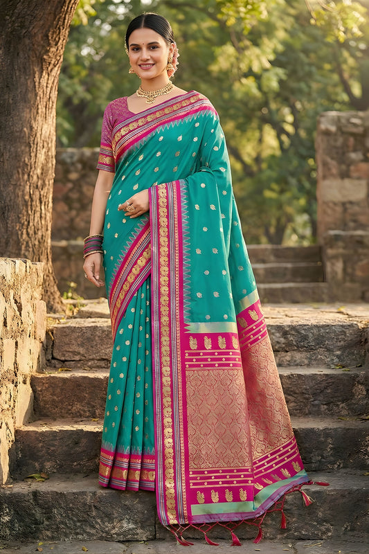 Teal Green Pink Kanjivaram Silk Saree Zari Border Traditional Saree