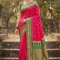 Rani Pink Green Kanjivaram Silk Saree Zari Border Traditional Saree