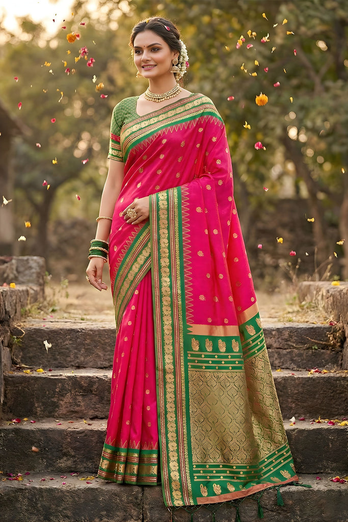 Rani Pink Green Kanjivaram Silk Saree Zari Border Traditional Saree