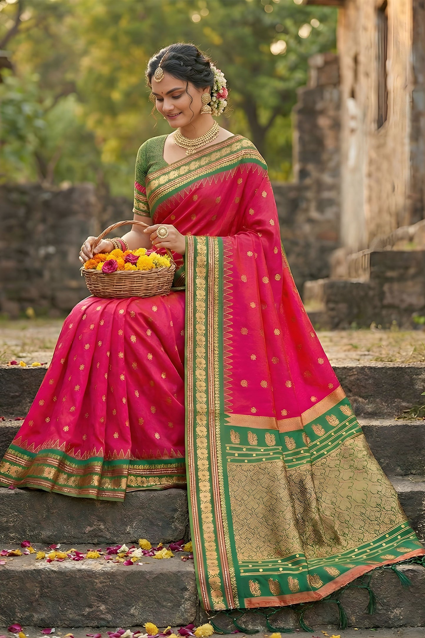 Rani Pink Green Kanjivaram Silk Saree Zari Border Traditional Saree