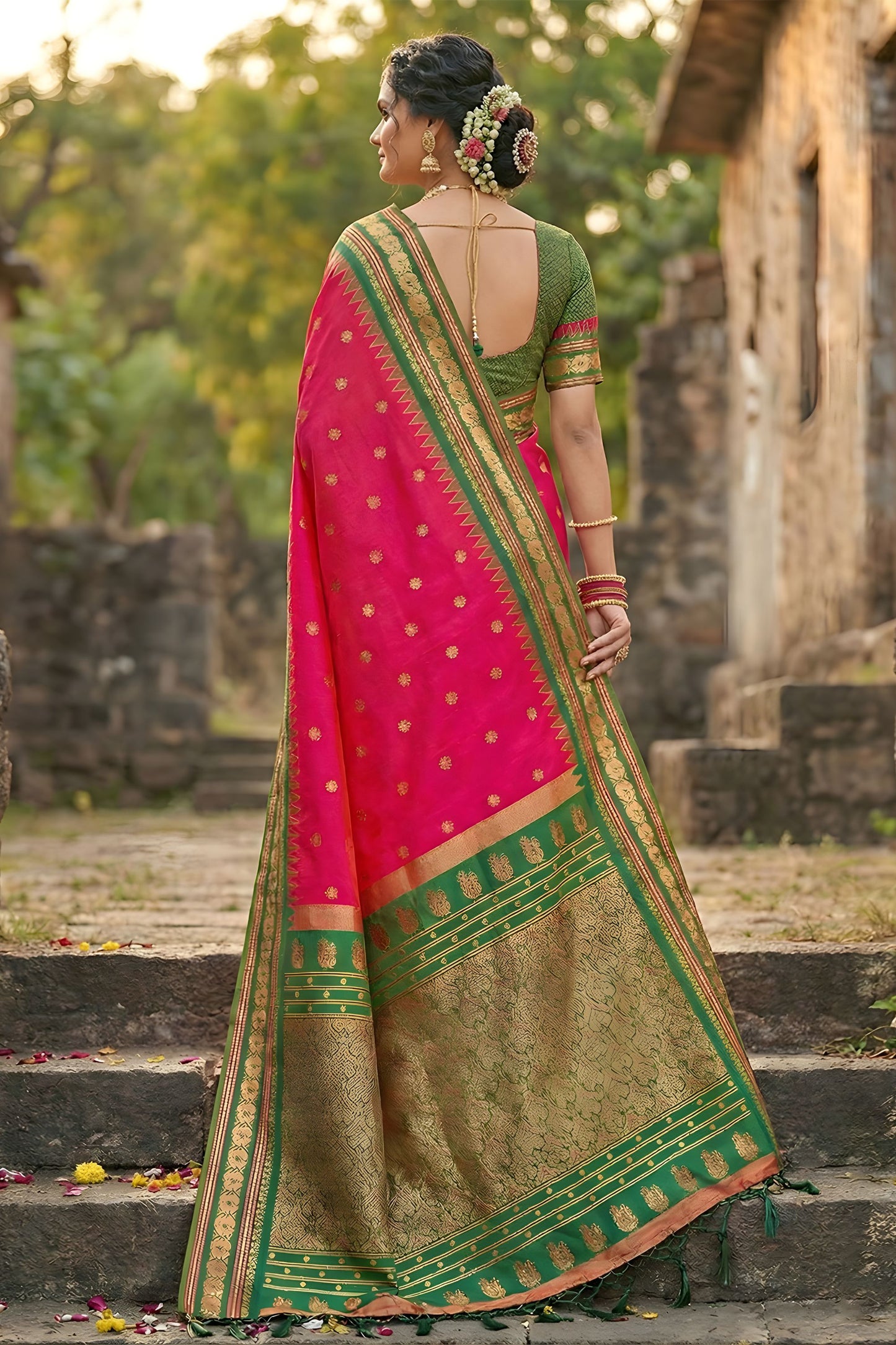 Rani Pink Green Kanjivaram Silk Saree Zari Border Traditional Saree