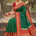 Green Banarasi Silk Saree Red Zari Border Traditional Saree