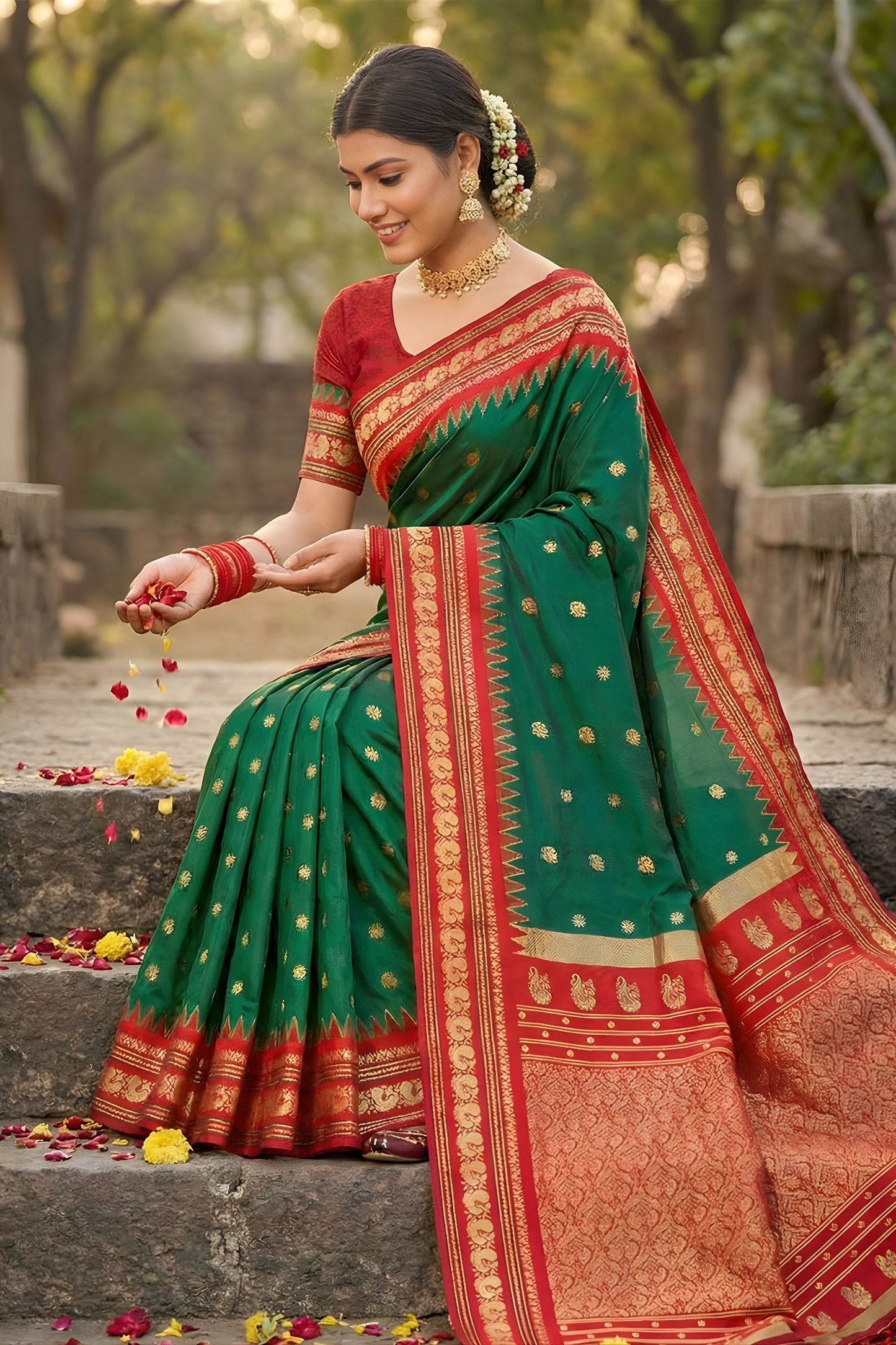 Green Banarasi Silk Saree Red Zari Border Traditional Saree
