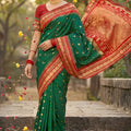 Green Banarasi Silk Saree Red Zari Border Traditional Saree