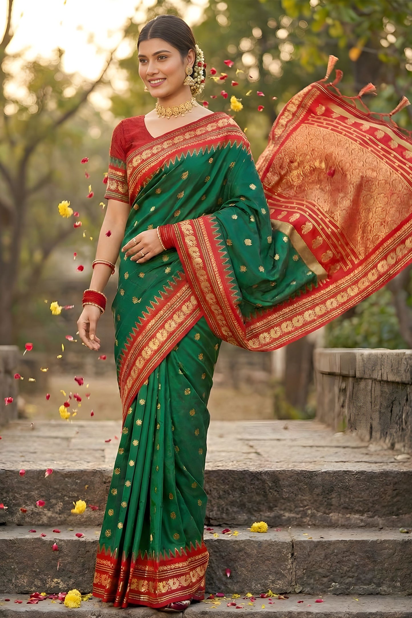 Green Banarasi Silk Saree Red Zari Border Traditional Saree