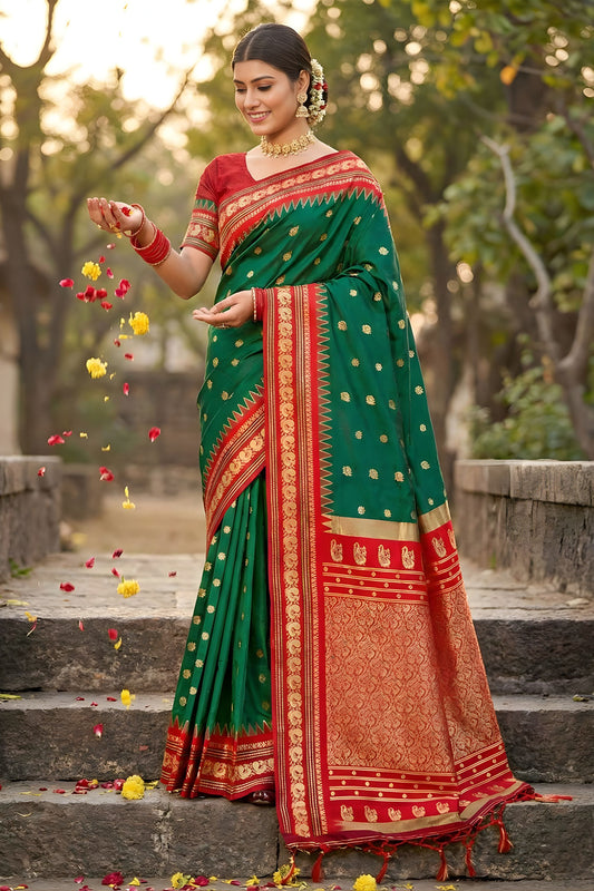 Green Banarasi Silk Saree Red Zari Border Traditional Saree
